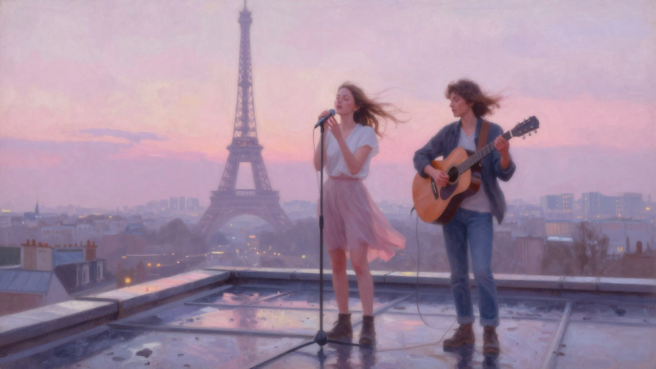 Duo performing on a Paris rooftop at dawn, city lights below, rain glistening, no crowd, just wind and music.
