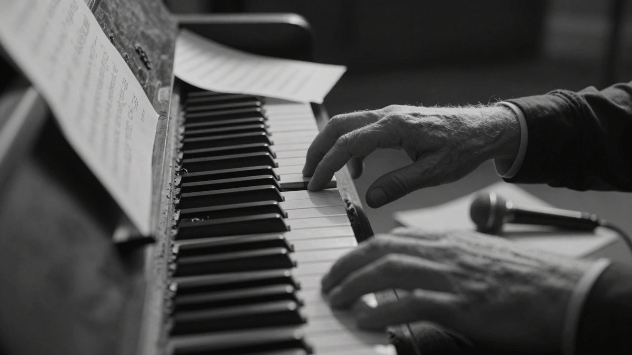 Hands reaching for a dusty piano key in a basement, broken mic and sheet music nearby, vintage film style.