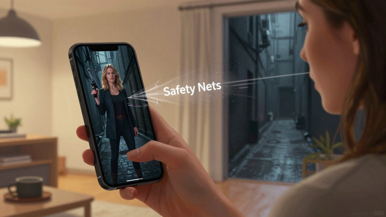Modern woman&#039;s phone reflection shows Aileen Wuornos in an alley, a fading line between safety and survival.